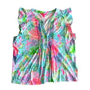 Lilly Pulitzer Golda Top in Celestial Blue Cay To My Heart Size XL Cotton EUC